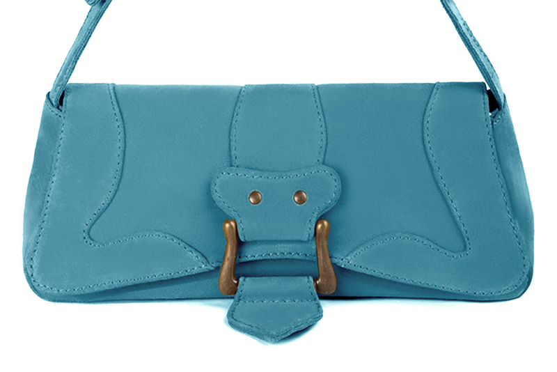 Small dressy baguette bag in peacock blue leather - Profile view